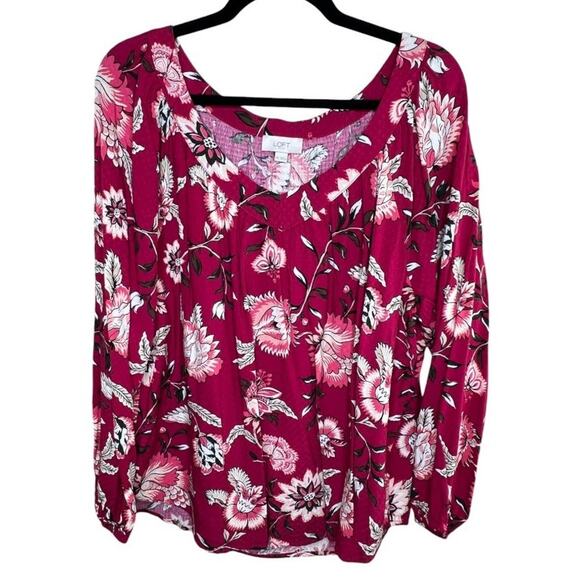 LOFT Outlet Blouse Womens XXL Red/Pink Floral Balloon Sleeves V-Neck Blouse - Picture 7 of 9